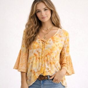 Boho Floral Peasant Blouse Trumpet Sleeve Tassel Tie Top Cato L